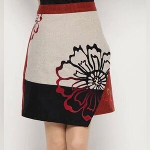 DESIGUAL Monica Faux Wrap Skirt Wool Blends Black Orange Red Herringbone Flower